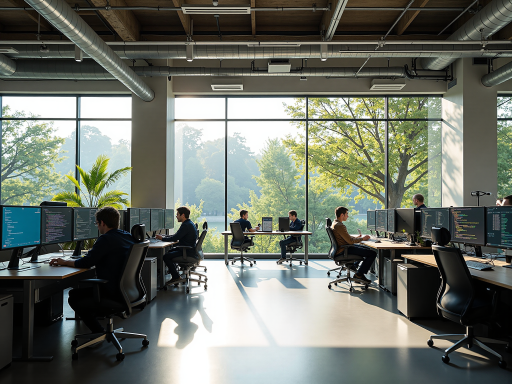 软件开发团队工作场景，现代化办公室内四名程序员正在电脑前专注工作，周围有多个显示器和代码图表，明亮自然光环境